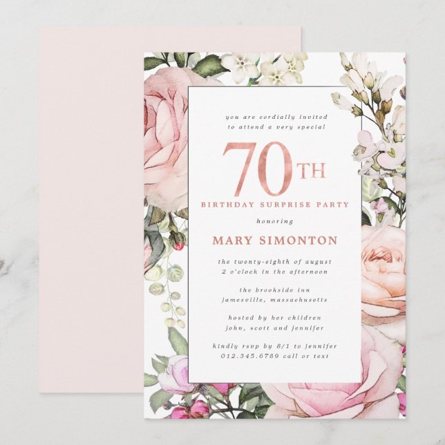 70th Birthday Surprise Party Blush Pink Floral Invitation (Front/Back)
