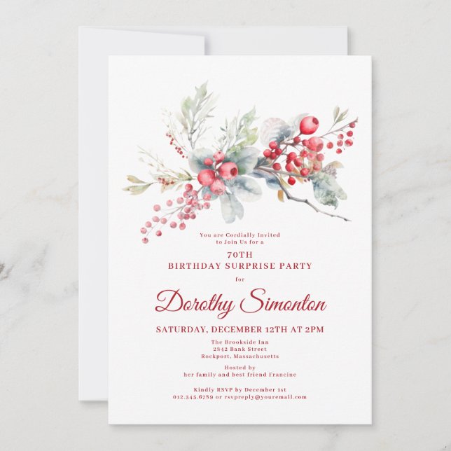 70th Birthday Surprise Party Greenery Red Berry Invitation (Front)
