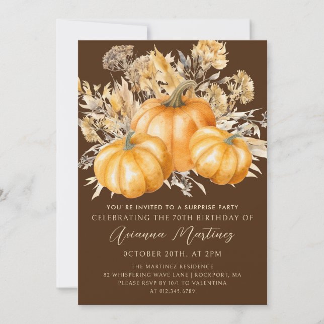 70th Birthday Surprise Party Rustic Boho Pumpkin Invitation (Front)