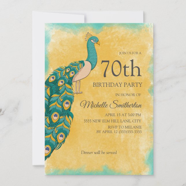 70th Birthday Teal Yellow Watercolor Peacock Invitation (Front)