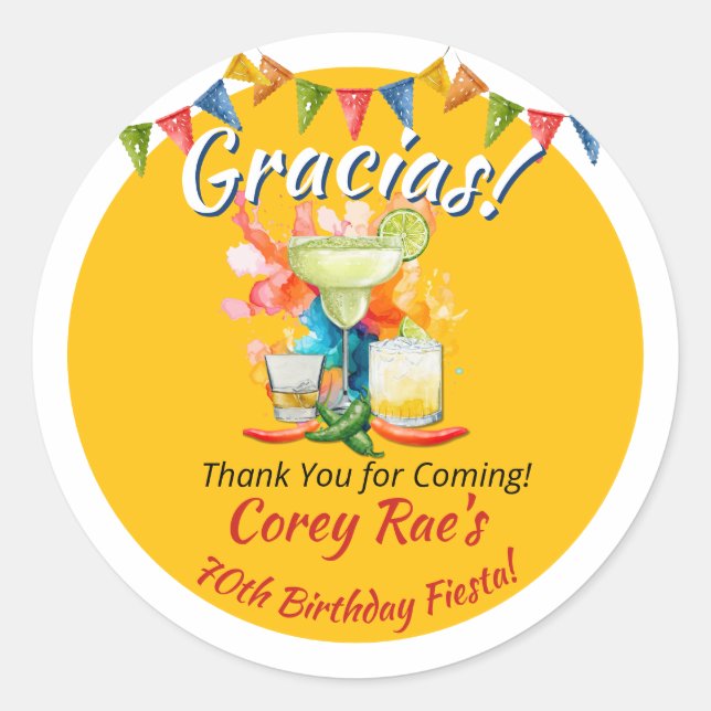 70th Birthday Thank You Fiesta "Gracias" Custom Classic Round Sticker (Front)