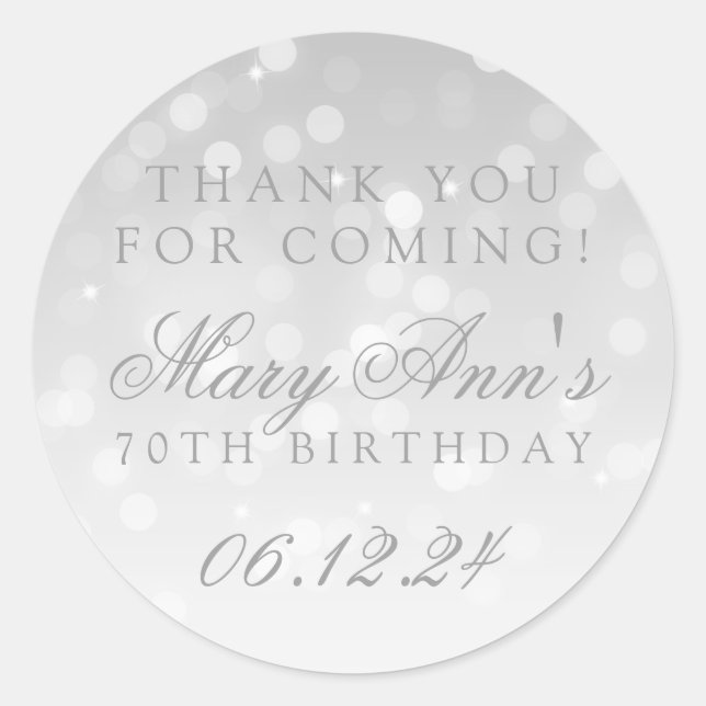 70th Birthday Thank You Silver Bokeh Sparkle Light Classic Round Sticker (Front)
