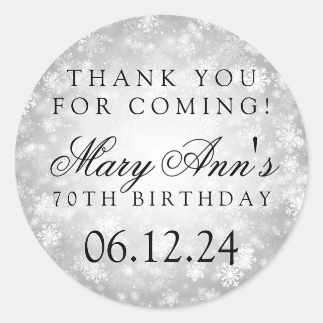 70th Birthday Thank You Silver Winter Wonderland Classic Round Sticker (Front)