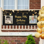 70th Birthday Then & Now Photos Black Gold Stars Banner<br><div class="desc">Celebrate any age birthday (shown for 70th) and/or decorate for a party with this black and gold star themed banner sign featuring 2 photos (perhaps Then and Now pictures) and your custom text (shown with HAPPY # BIRTHDAY NAME) in your choice of font styles. BANNER OPTIONS: The sample is shown...</div>