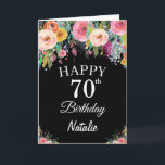 70th Birthday Watercolor Floral Flowers Black Card<br><div class="desc">70th Birthday Watercolor Floral Flowers Black Card with personalized name and age. For further customization,  please click the "Customize it" button and use our design tool to modify this template.</div>