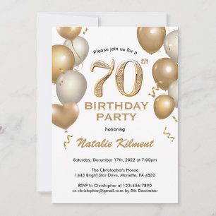 70th Birthday White and Gold Glitter Balloons Invitation
