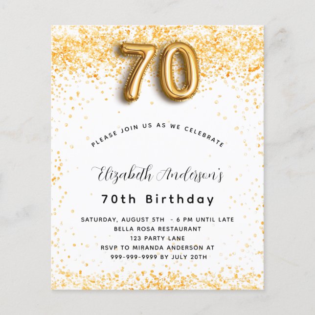 70th birthday white gold glitter budget invitation flyer (Front)