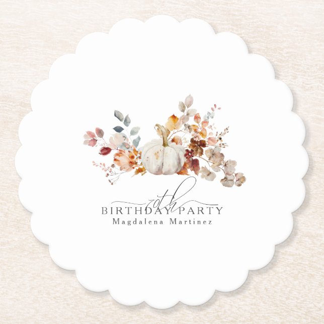 70th Birthday White Pumpkin Fall Flowers Custom Paper Coaster (Front)