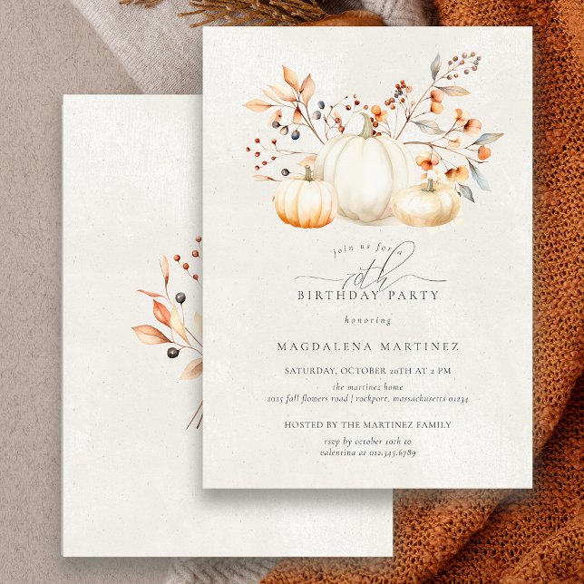 70th Birthday White Pumpkin Fall Leaves Elegant Invitation (Creator Uploaded)