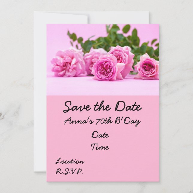 70th Birthday with pink roses on pink background Invitation (Front)