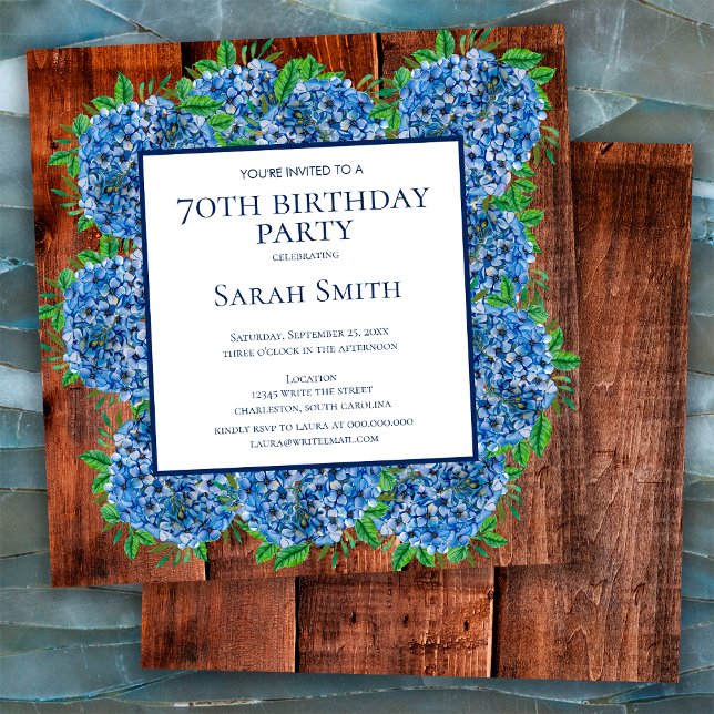70th Birthday Wood Blue Hydrangeas Rustic Party Invitation (Creator Uploaded)