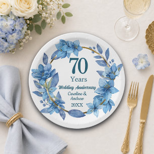 70th Blue Floral Platinum Wedding Anniversary Paper Plate