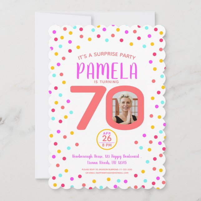 70th custom photo colourful coral confetti birthda invitation (Front)