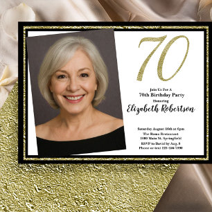 70th Custom Photo White Black and Gold Invitation