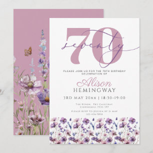 70th Feminine Purple Florals Butterfly birthday Invitation