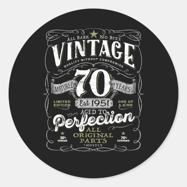 70Th For Him 1951 Aged To Perfection Classic Round Sticker (Front)