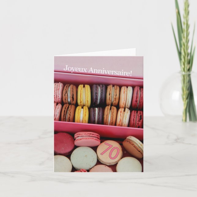 70th French Birthday Macaron-Joyeux Anniversaire! Card (Front)
