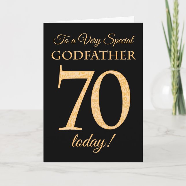 70th Gold-effect on Black, for Godfather Birthday Card (Front)