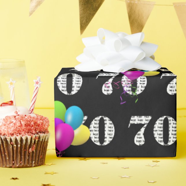70th Happy Birthday Balloons On Black Wrapping Paper (Birthday Party)