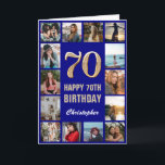 70th Happy Birthday Navy Blue & Gold Photo Collage Card<br><div class="desc">70th Happy Birthday Navy Blue and Gold Photo Collage Birthday Card. For further customization,  please click the "Customize it" button and use our design tool to modify this template.</div>