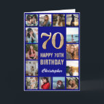 70th Happy Birthday Navy Blue & Gold Photo Collage Card<br><div class="desc">70th Happy Birthday Navy Blue and Gold Photo Collage Birthday Card. For further customization,  please click the "Customize it" button and use our design tool to modify this template.</div>