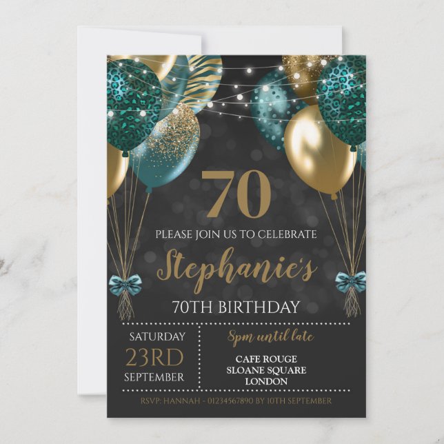 70th Invite Teal Green Gold Invitation (Front)