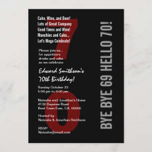 70th Modern Birthday Black Silver White Red W1789 Invitation