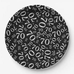70th Party Random Number Pattern Black/White Paper Plate