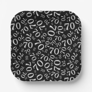 70th Party Random Number Pattern Black/White Paper Plate