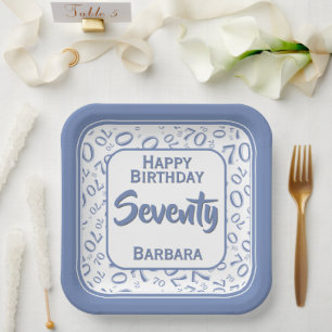 70th Party Random Number Pattern Blue/White Paper Plate