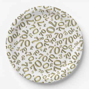 70th Party Random Number Pattern Gold/White Paper Plate