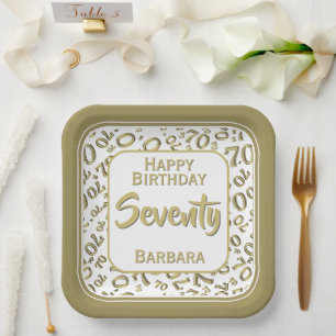 70th Party Random Number Pattern Gold/White Paper Plate