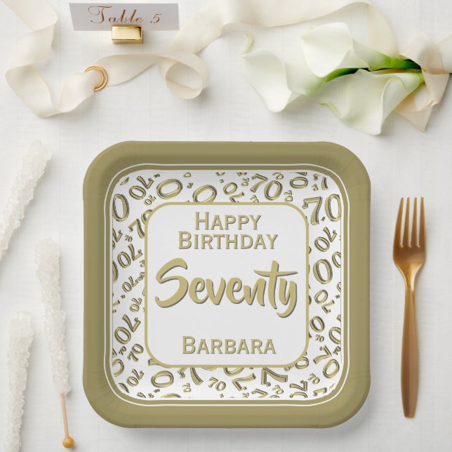 70th Party Random Number Pattern Gold/White Paper Plate (Wedding)