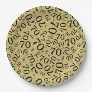 70th Party Random Number Pattern Gold/White Paper Plate