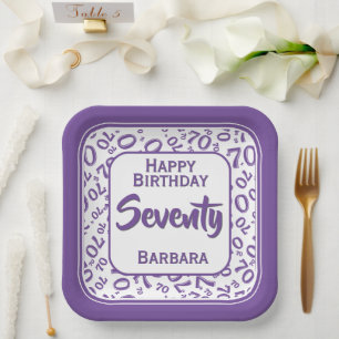 70th Party Random Number Pattern Purple/White  Paper Plate