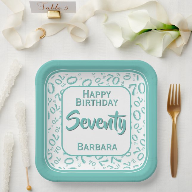 70th Party Random Number Pattern Teal/White Paper Plate (Wedding)