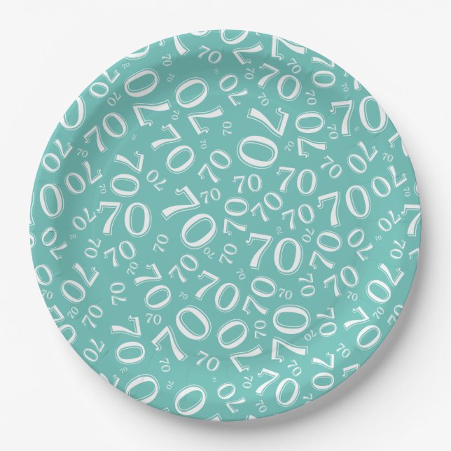 70th Party Random Number Pattern Teal/White Paper Plate (Front)