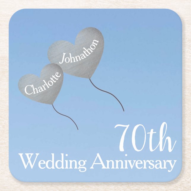 70th platinum anniversary heart balloons in sky square paper coaster (Front)