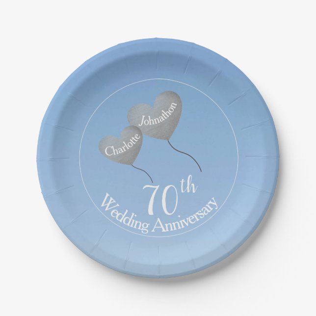 70th platinum anniversary heart balloons paper plate (Front)