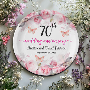 70th Platinum Wedding Anniversary Blush Roses Paper Plate