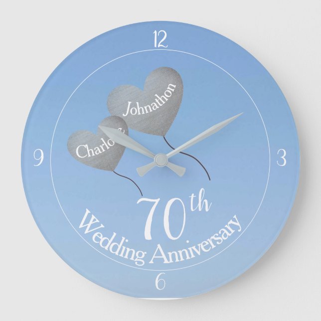 70th platinum wedding anniversary heart balloons large clock (Front)