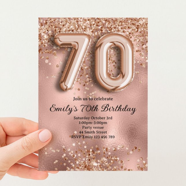 70th Rose Gold Glitter Birthday Invitation (Creator Uploaded)