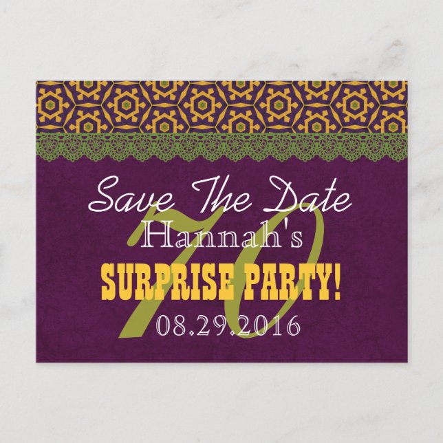 70th Save the Date SURPRISE Birthday V070D Announcement Postcard (Front)