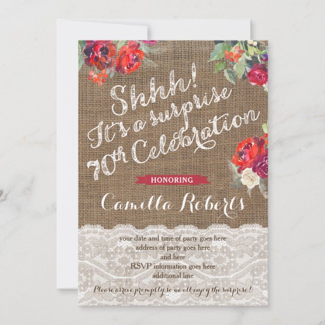 70th Surprise Birthday Invite Cards, Red Greenery (Front)