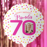 70th two custom photos colourful confetti birthday balloon<br><div class="desc">Bright colourful confetti random dots birthday 70th surprise party balloon. In bright hot pink, coral, golden yellow and orange. Add your own birthday girl's photo in the centre of the 0 in 70 and a baby or other photo on the reverse and customize with your own seventieth birthday girl's name....</div>