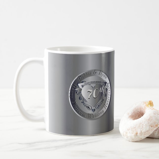 70th Wedding Anniversary 2Heart Medallion  Coffee Mug (With Donut)