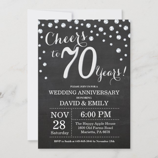 70th Wedding Anniversary Chalkboard Black Silver Invitation (Front)
