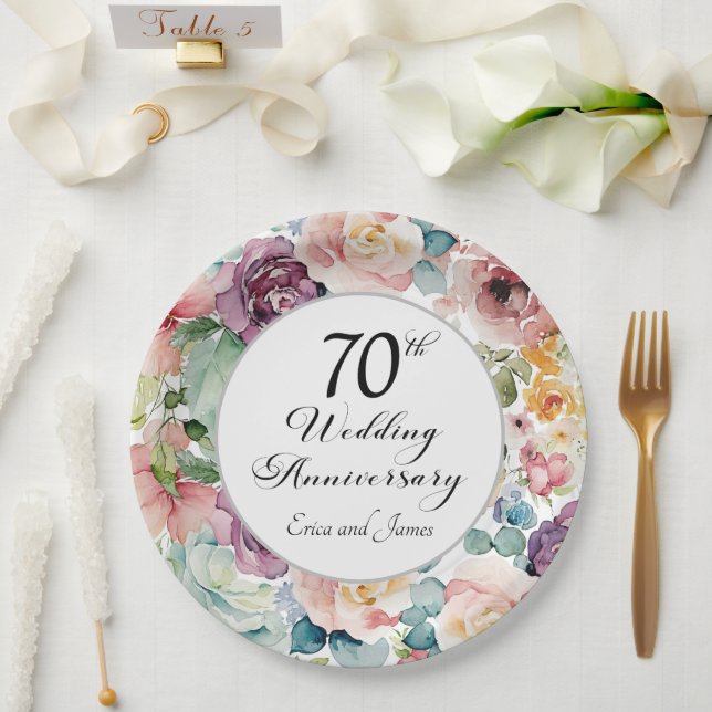 70th Wedding Anniversary Elegant Script Floral Paper Plate (Wedding)