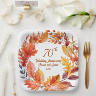 70th Wedding Anniversary Fall Floral Paper Plate