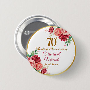 70th Wedding Anniversary Gold Frame Floral 2 Inch Round Button